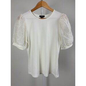 Bebe Ivory Rib Knit Floral Sheer Puff Sleeve Coquette Romantic Top Women's Large